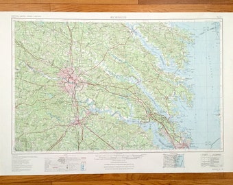 Antique Richmond, Virginia 1973 US Geological Survey Topographic Map – Petersburg, Newport News, Williamsburg, Chesapeake Bay, Yorktown, VA