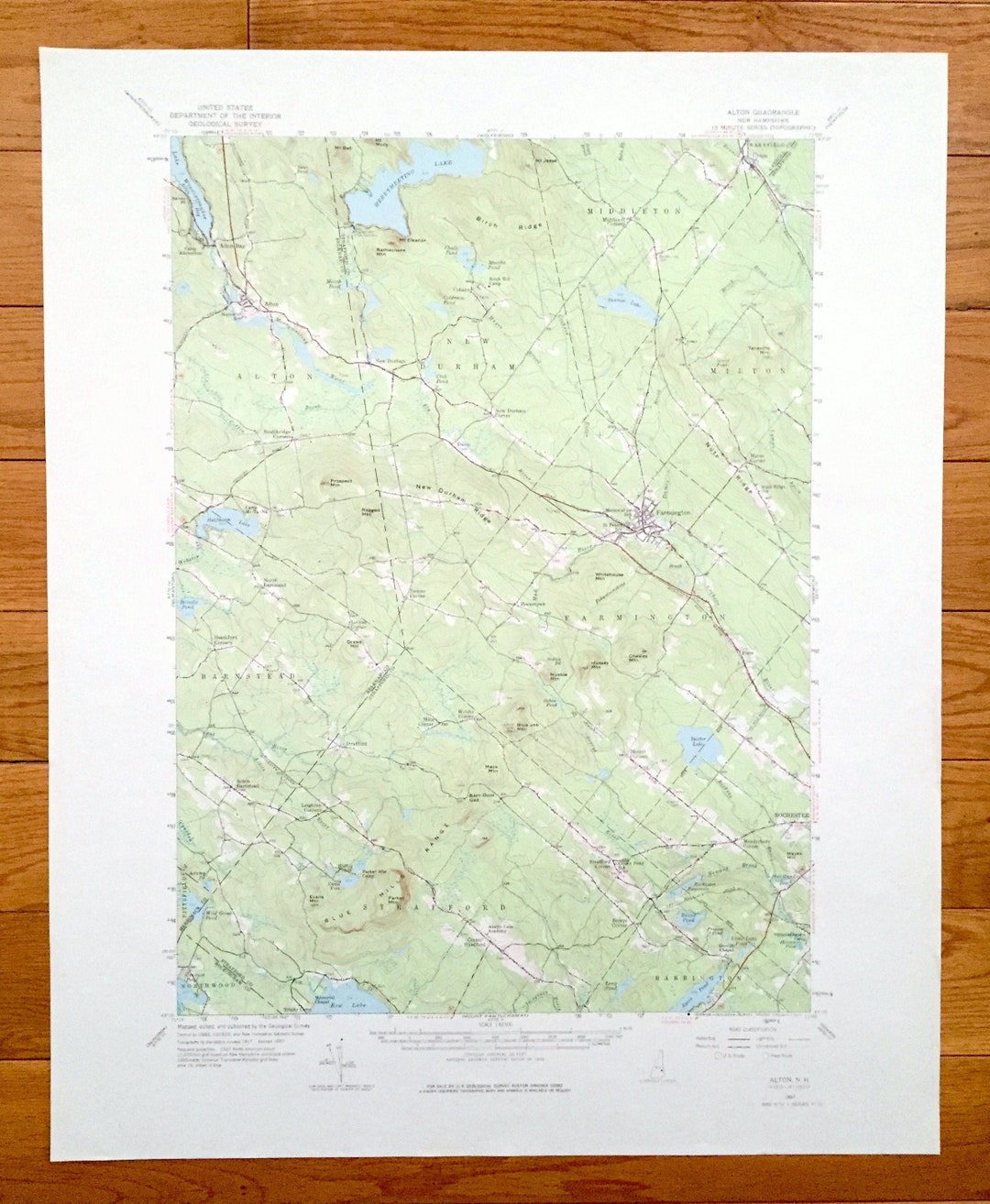 Antique Merrymeeting Lake, New Hampshire 1957 US Geological Survey Topographic Map Alton Bay