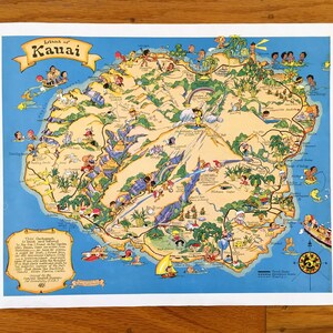 Mapa antiguo de 1931 de la isla de Kauai, Hawaii por Ruth Taylor – Garden Isle, Waimea Canyon State Park, Koloa, Princeville, Hanalei River, Kapaa HI