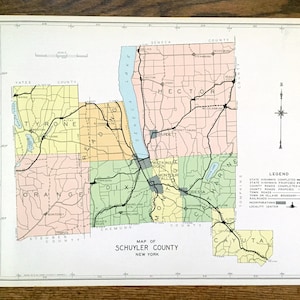 Antique Schuyler County, New York 1941 Carte de l’Atlas historique – Watkins Glen, Burdett, Odessa, Montour Falls, Tyrone, Seneca Lake, Lamoka, NY