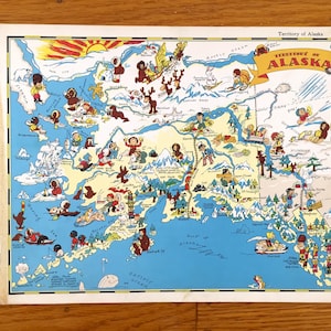 Antique 1938 Alaska State Map from Our Gay Geography by Ruth Taylor – Anchorage, Juneau, Fairbanks, Eagle River, Aleutian Islands, Canada AK