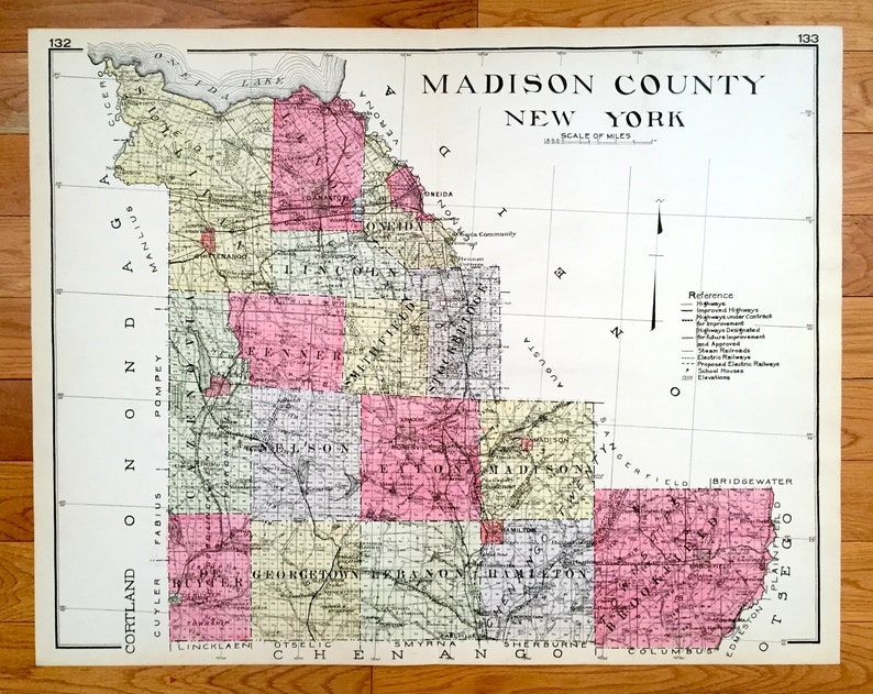 Antique Madison County, New York 1912 New Century Atlas Map shops – Oneida, Bridgeport, Cazenova, Chittenango, Canastota, Hamilton, Brookfield, NY
