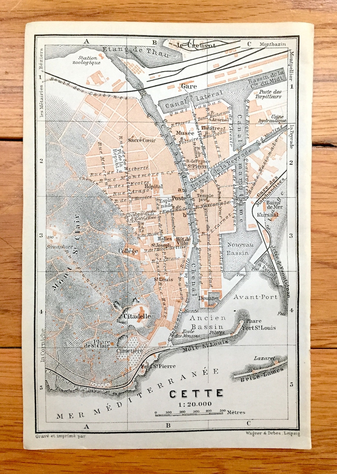 Antique 1914 Cette, France Map From Baedekers Guide Atlas