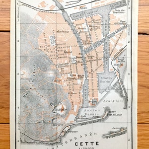 Antigua 1914 Cette, Francia Mapa de Baedekers Guía Atlas – Mar Mediterráneo, Canal, Ciudad Portuaria, Laguna, Occitanie, Departamento de Herault, Gare
