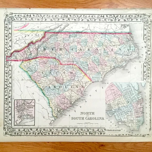 Antique 1871 North & South Carolina State Map by S. shops Augustus Mitchell – Charlotte, Raleigh Durham, Charleston, Savannah, Outer Banks, NC SC