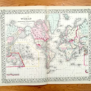 Antieke 1871 World Mercator Kaart door S. Augustus Mitchell - Noord, Zuid-, Amerika, Europa, Azië, Afrika, Midden-Oosten, Australië, Oceanen