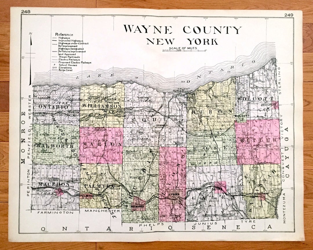 Antique Wayne County, New York 1912 New Century Atlas Map Lyons, Newark, Palmyra, Macedon, Sodus