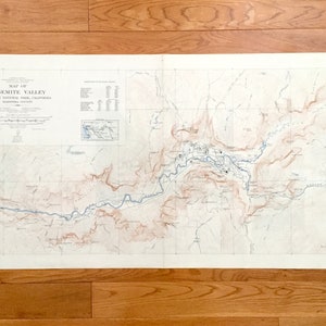 Antica mappa topografica della Yosemite Valley, California 1938 US Geological Survey – Parco nazionale, contea di Mariposa, Tenaya Merced River Hotel CA