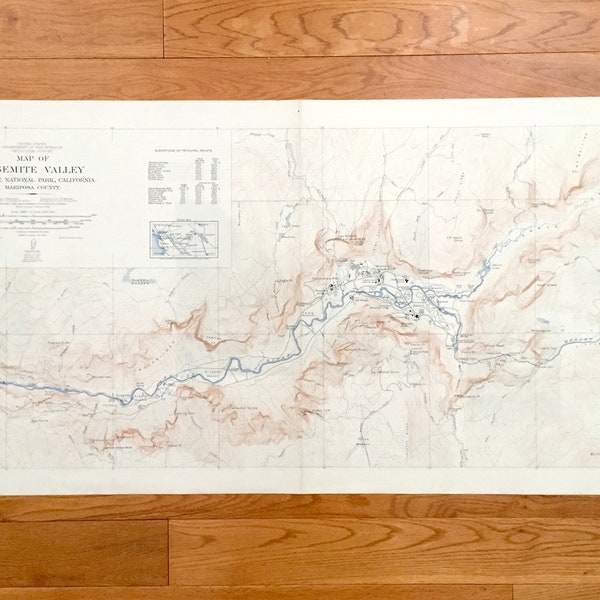 Antique Yosemite Valley, California 1938 US Geological Survey Topographic Map – National Park, Mariposa County, Tenaya Merced River Hotel CA