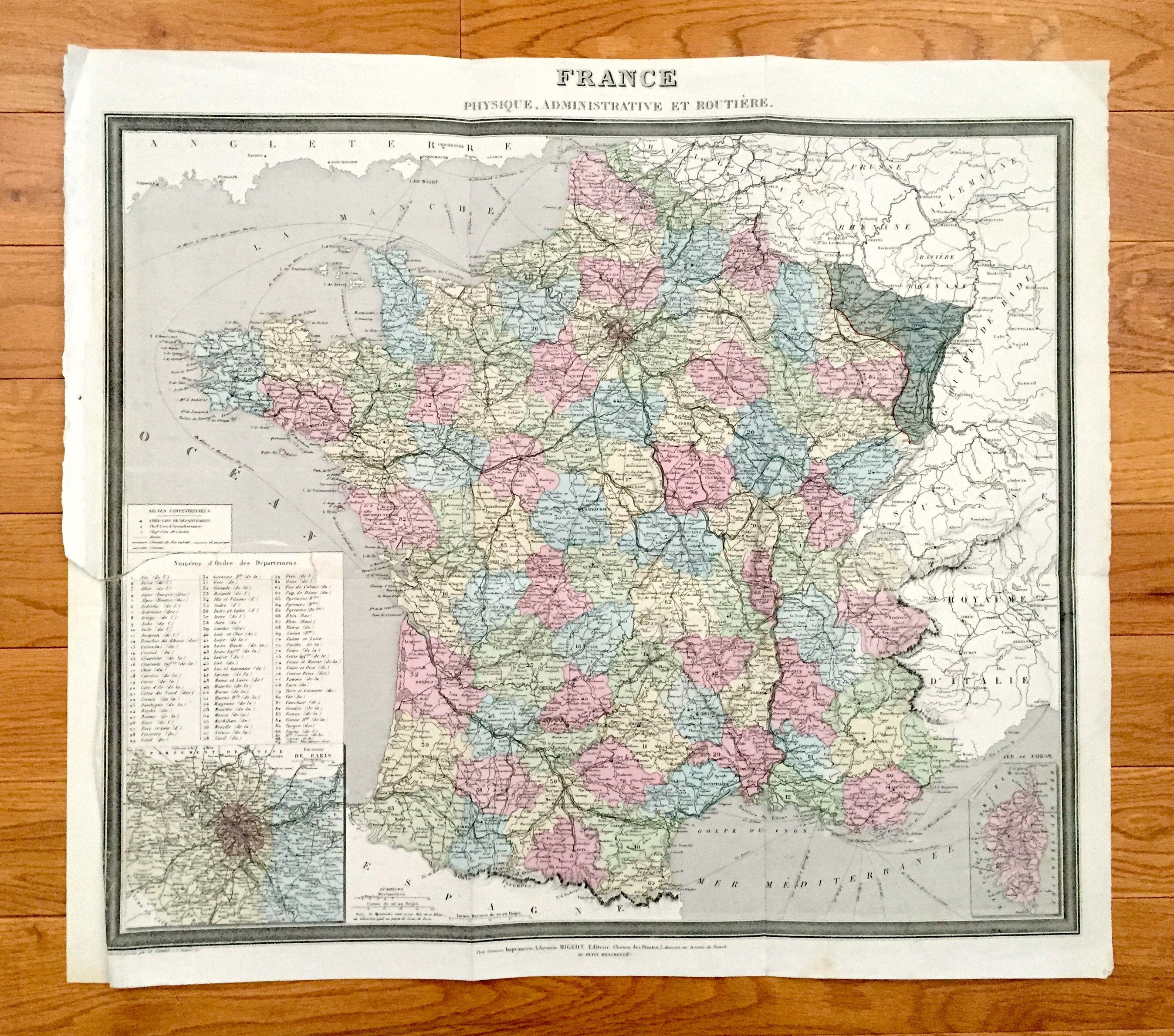 Antique 1869 France Map From Atlas National by Migeon – Paris