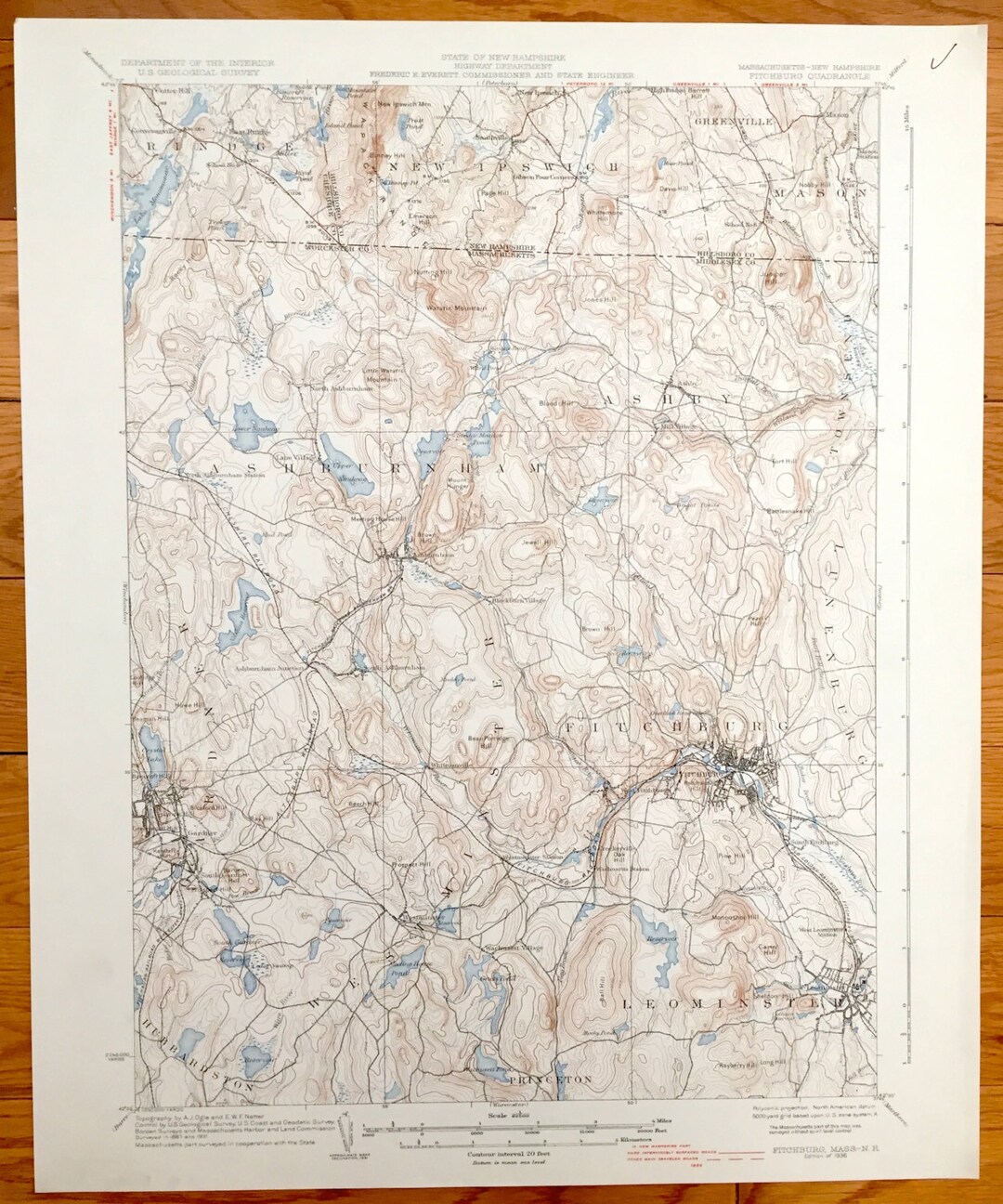 Antique Fitchburg, Massachusetts 1936 US Geological Survey Topographic