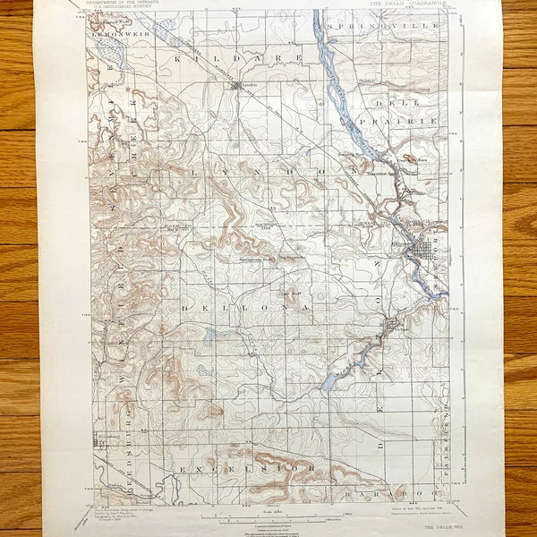 Antique The Dells, Wisconsin 1901 US Geological Survey Topographic Map – Kilbourn, Delton, Lyndon, Reedsburg, Juneau, Sauk, Adams County, WI