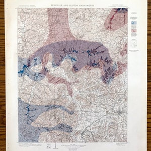 May include: A vintage map of the Fernvale and Clifton Embayments in Tennessee, showing geological formations in shades of blue, pink, and purple. The map includes a legend and a scale.