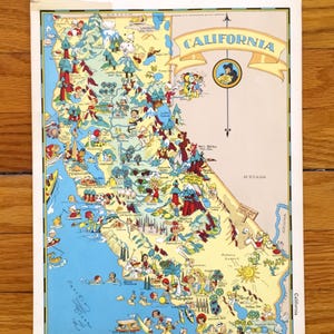 Antieke kaart van de staat Californië uit 1938 uit Our Gay Geography door Ruth Taylor - Los Angeles, San Francisco, San Diego, Santa Barbara, Monterey, CA