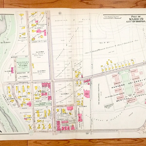 Antique 1906 Boston, Massachusetts Map from GW Bromley Atlas – Suffolk County, Brookline, Back Bay Fens, Longwood, Fenway Kenmore Harvard MA