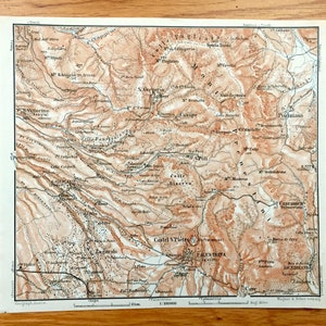 Antike 1913 Palestrina, Italien Karte von Baedekers Guide Atlas – Pisoniano, Zagaralo, Castel S. Pietro, Höhle, S. Gregorio, Casape, Capranica
