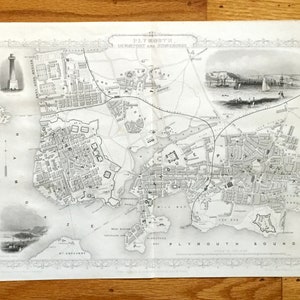 Antigo mapa de Plymouth, Inglaterra de 1851, de John Rapkin de Tallis Atlas - Exeter, Devonport, Stonehouse, Condado de Devon, Grã-Bretanha, Reino Unido