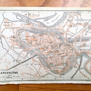 Antiguo 1914 Angouleme, Mapa de Francia de Baedekers Guide Atlas – Departamento de Charente, Región de Nouvelle-Aquitaine SW de Francia, Río Charente