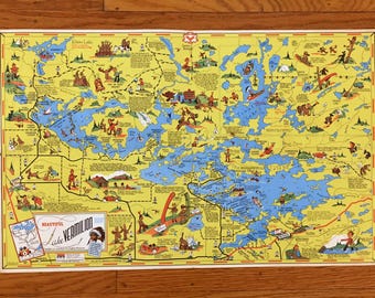 Antyczna mapa turystyczna jeziora Vermilion w Minnesocie z 1955 r. autorstwa G. Lepisto, wydana przez W.A. Fisher Company – hrabstwo Saint Louis, St. Minnesota