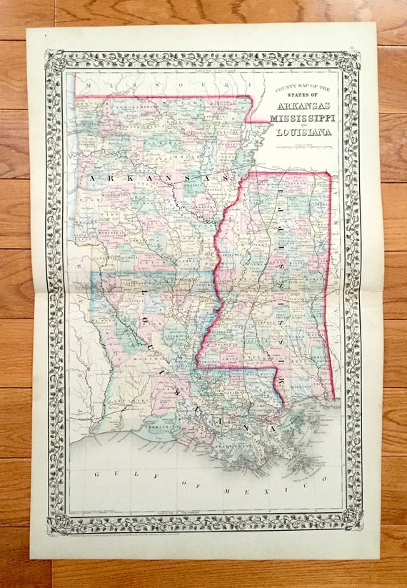 Antique 1871 Arkansas, Mississippi & Louisiana State Map by S