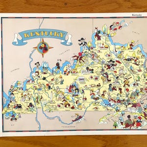 Antike 1938 Karte des Bundesstaates Kentucky aus Our Gay Geographie von Ruth Taylor – Louisville, Lexington, Fayette, Bowling Green, Owensboro, KY