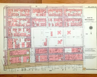 Antique Manhattan, New York Map from Bromley's 1955 Manhattan Land Book – Lower East Side, Two Bridges, Laguardia & Corlears Hook Houses NYC