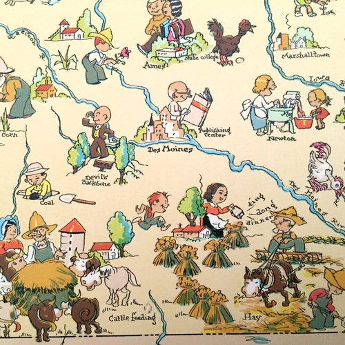 Antique 1935 Iowa State Map from Our Gay Geography by Ruth Taylor – Des Moines, shops Cedar Rapids, Davenport, Sioux City, Iowa City, Waterloo, IA