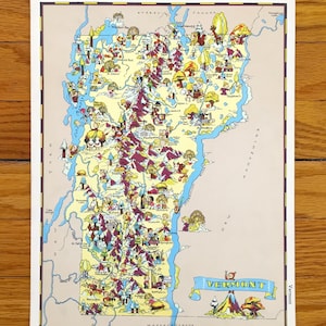 Antike Vermont-Karte von 1938 aus Our Gay Geographie von Ruth Taylor – Burlington, Lake Champlain, Green Mountains, Essex, St Johnsbury, Ski, VT