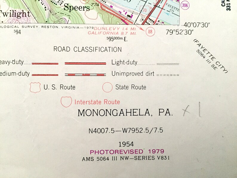 Antique Monongahela Pennsylvania 1954 US Geological Survey Etsy