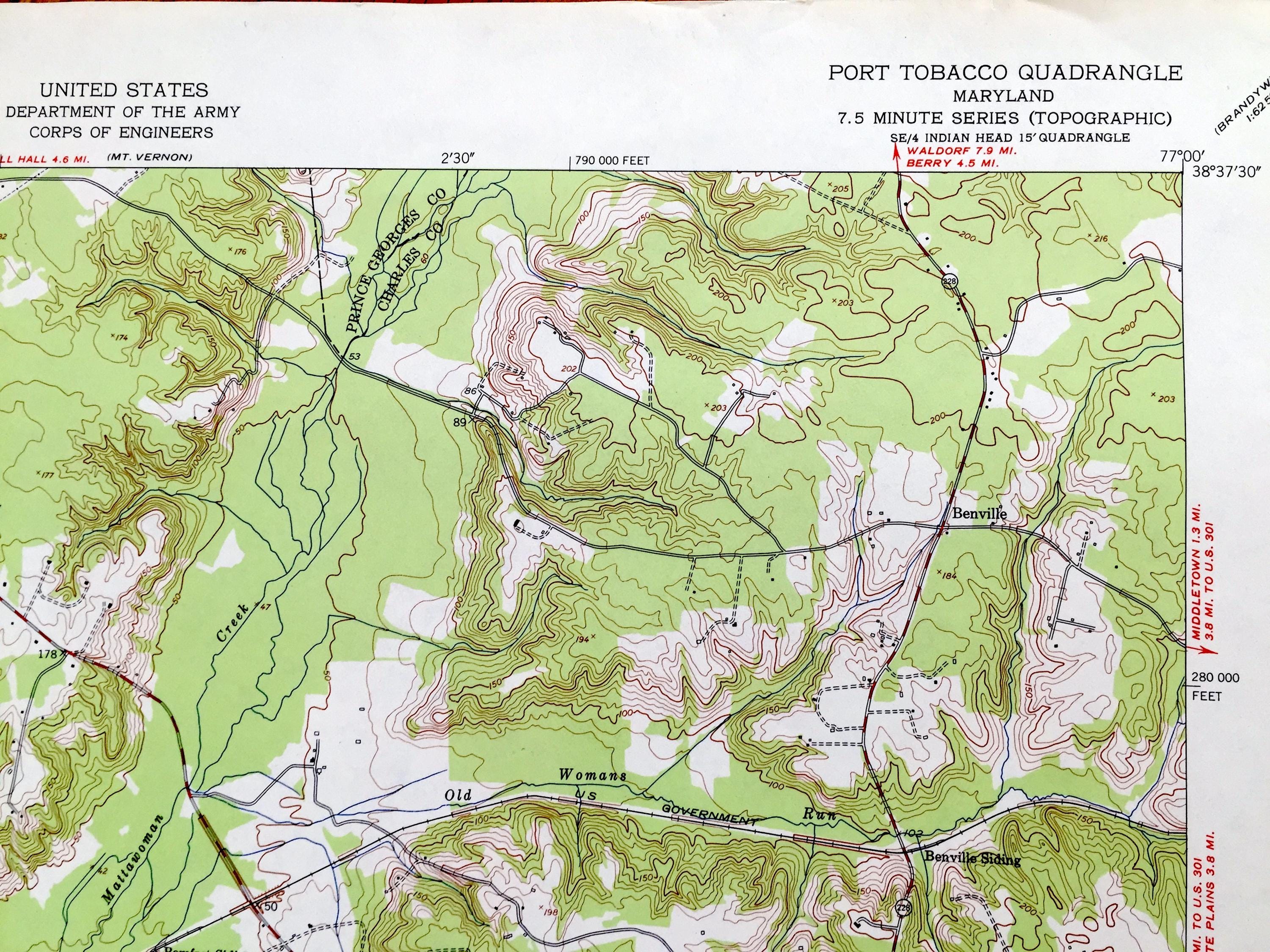 Antique Port Tobacco, Maryland 1951 US Geological Survey Topographic Map –  Prince Georges, Charles County, Pomonkey, Millards Mill, MD