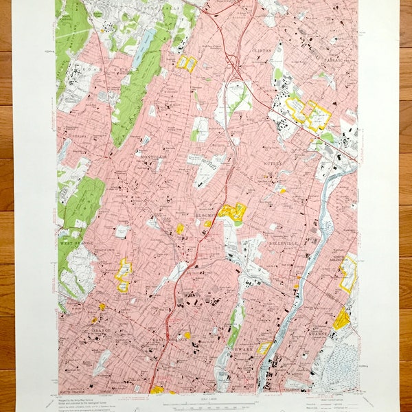 Antique Orange, New Jersey 1955 US Geological Survey Topographic Map – Montclair, Bloomfield, Newark, Passaic, Clifton Cedar Grove Kearny NJ