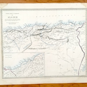 Antike 1845 Nordafrika Karte von SDUK Atlas – Algerien, Marokko, Tunesien, Algier, Sahara Wüste, Mittelmeer, Konstantin, Al-Shot