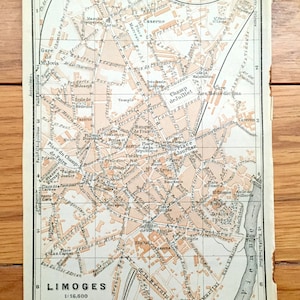 Antiguo 1914 Limoges, Mapa de Francia de Baedekers Guía Atlas – Medieval, Vienne River, Nouvelle-Aquitaine Department, Haute-Vienne