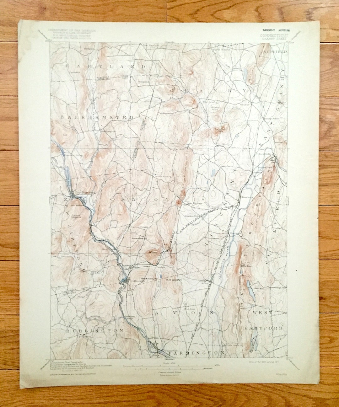 Antique Granby, Connecticut 1892 US Geological Survey Topographic Map Barkhamsted, Canton