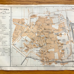Antiguo 1913 Ravenna, Italia Mapa de Baedekers Guide – Emilia-Romagna, San Vitale, Galla Placidia, Apollinare, Corsini, Norte de Italia
