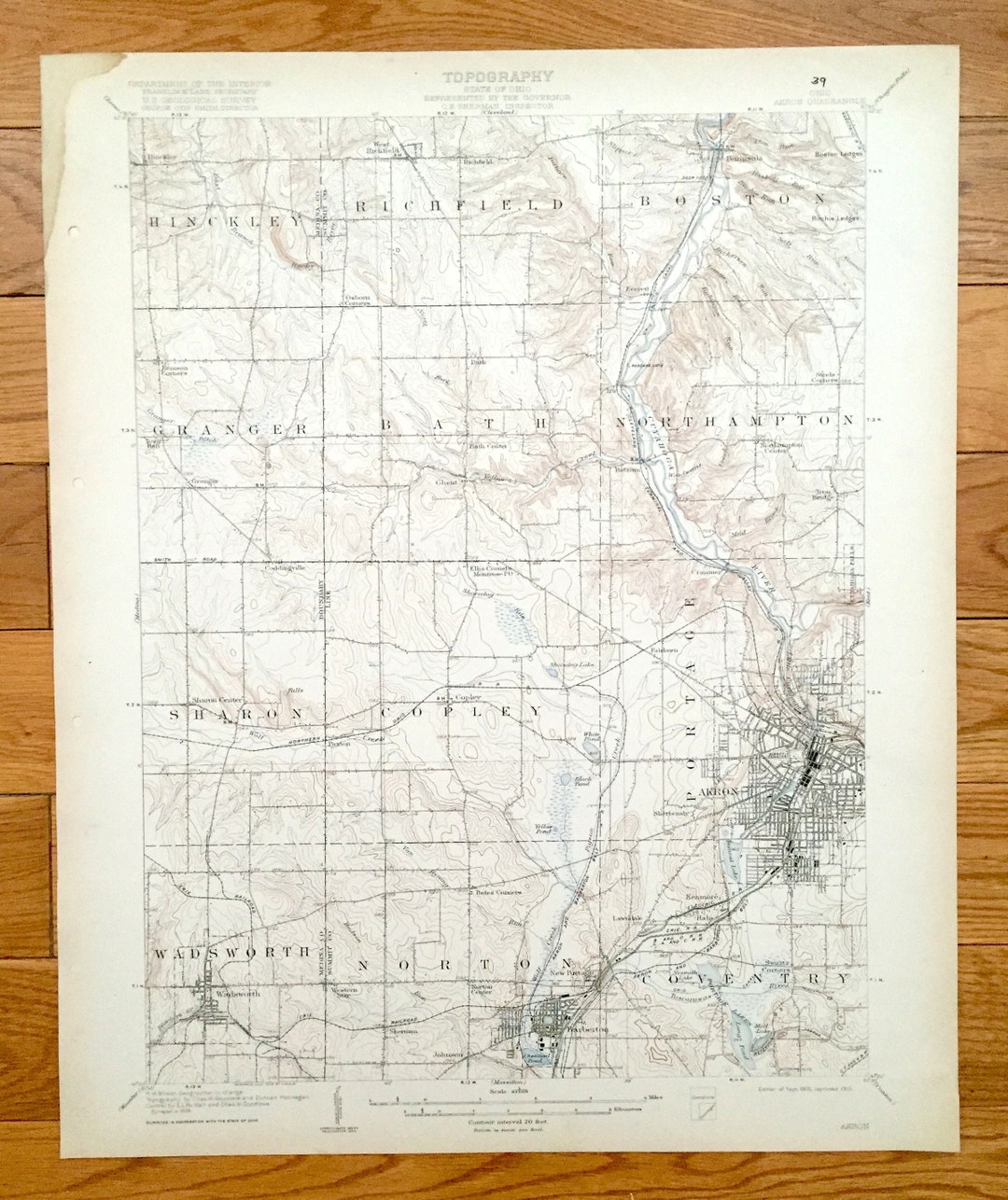 Antique Akron, Ohio 1905 US Geological Survey Topographic Map Medina
