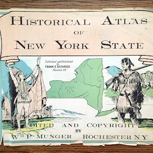 Antico frontespizio, 1941 Atlante storico dello Stato di New York di WP Munger – NYC, Upstate, Long Island, Adirondacks, Catskills Hudson River NY