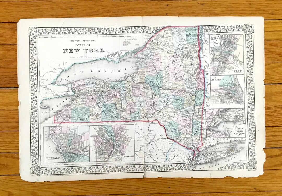 Antique 1870 New York State County Map by S. Augustus Mitchell – City ...
