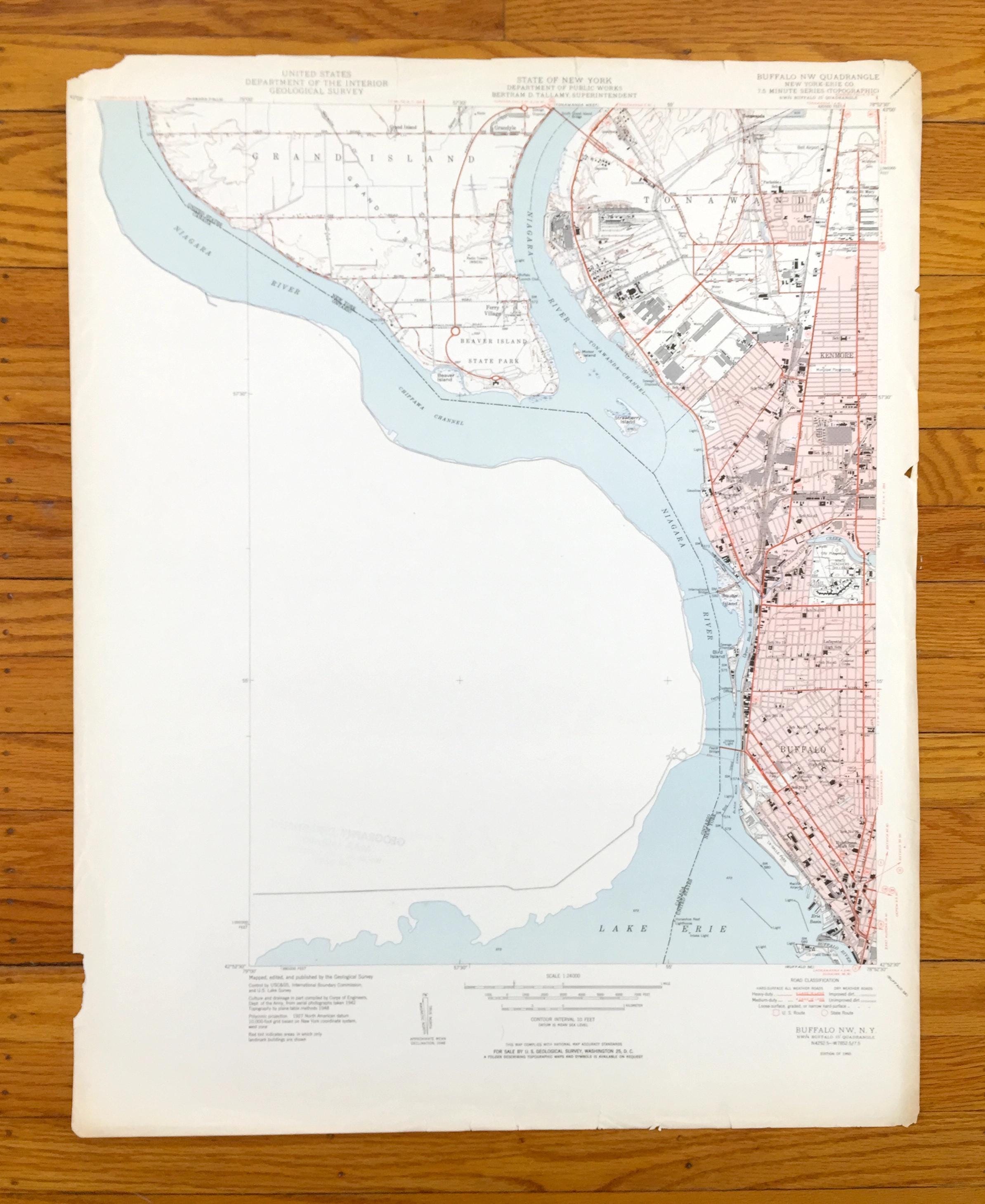 Antique Buffalo, New York 1950 US Geological Survey Topographic Map – Lake Erie, Welland County, Kenmore, Grand Island, Tonawanda NY
