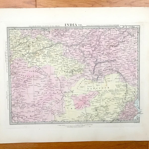 Antique 1845 India Map from SDUK Atlas – Palmyras, Odisha, Sumbulpoor, Allahabad, Bay of Bengal, Goondwana, Maundee, Bahar, Berar, Oontaree