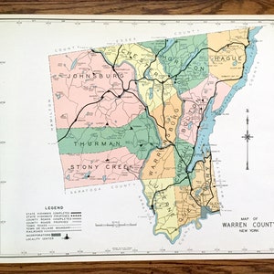 Warren County, New York 1941 Historische Atlas Karte – Lake George Village, Queensbury, Pottersville, Glens Falls Chestertown Bolton NY