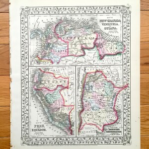 Antik Sydamerikakarta från 1871 av S. Augustus Mitchell – Nya Granada, Venezuela, Guyana, Peru, Ecuador, Argentina, Buenos Aires, Panama