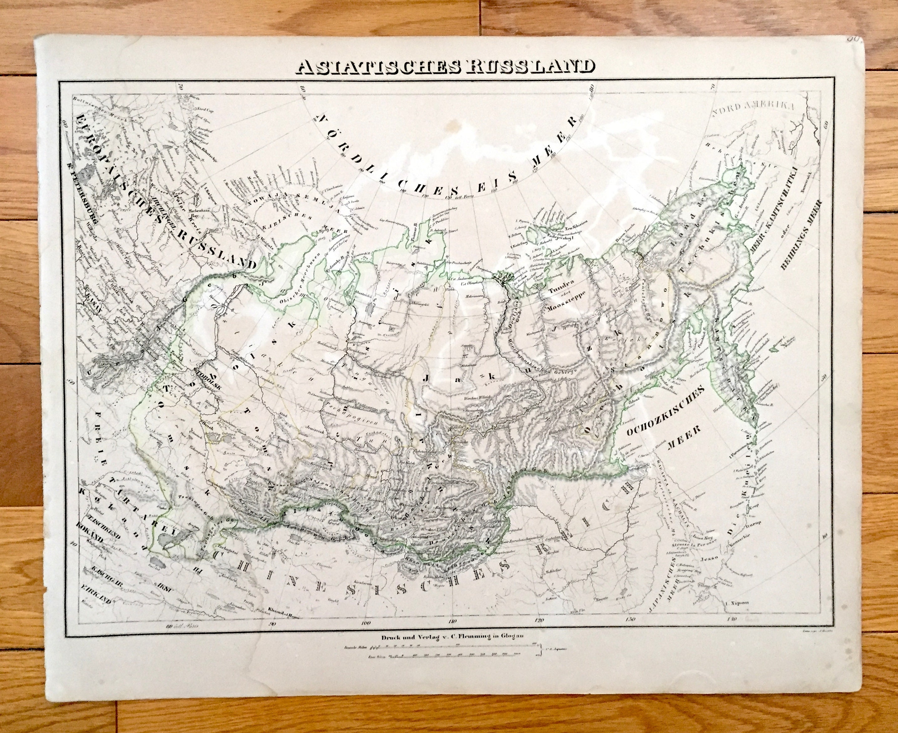 Antique 1855 Western Russia Map from Sohr Berghaus Atlas by Carl Flemming – Asiatisches Russland, China, Mongolia, Japan, Siberia, Irkutsk