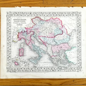May include: Antique map of the Austrian Empire, Italian States, Turkey in Europe, and Greece. The map features detailed cartography with pink, green, and blue coloring, and is framed by a decorative border. The title is visible at the top.
