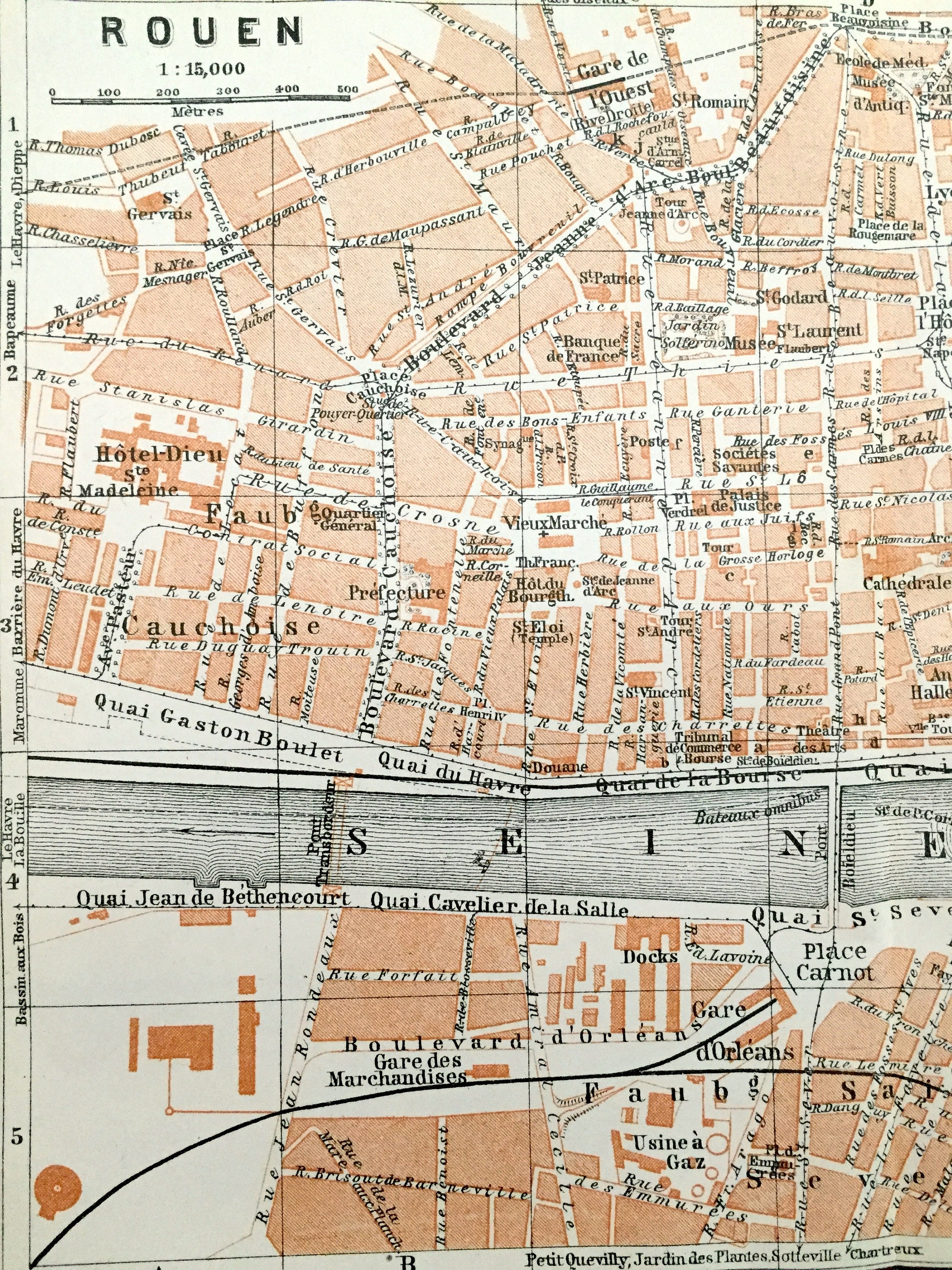 Antique 1909 Rouen, France Map From Baedekers Guide Atlas