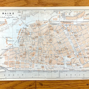 Antike Landkarte von Mainz, Deutschland - 1911 - Baedekers Atlas Atlas – Rheinland-Pfalz, Oberrhein, Rheinhessen, Schloss und Castrum