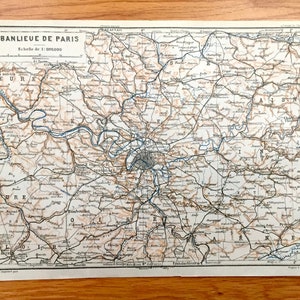 Antigo subúrbio de Paris de 1909, França Mapa do Baedekers Guide Atlas - Banlieue de Paris, Versalhes, Marne, Melun, Senlis, Loir, Chartres