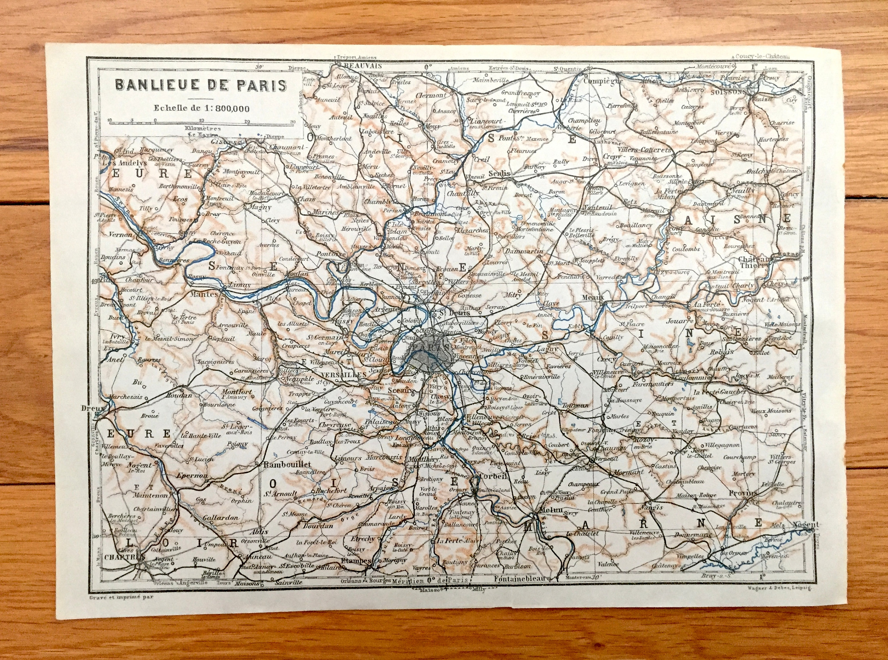 Antique 1909 Paris Suburbs, France Map from Baedekers Guide Atlas – Banlieue de Paris, Versailles, Marne, Melun, Senlis, Loir, Chartres