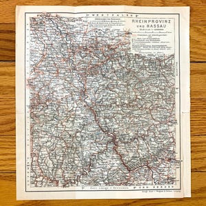 Antique 1911 Rhineland and Nassau (Rhineland-Palatinate and Hesse), Germany Map from Baedekers Guide Atlas – Mainz, Frankfurt, Dusseldorf