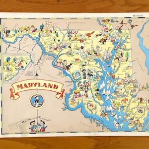 Ancienne carte de l'État du Maryland de 1938 de Our Gay Geography par Ruth Taylor - Baltimore, baie de Chesapeake, Colombie, Silver Spring, Annapolis, MD
